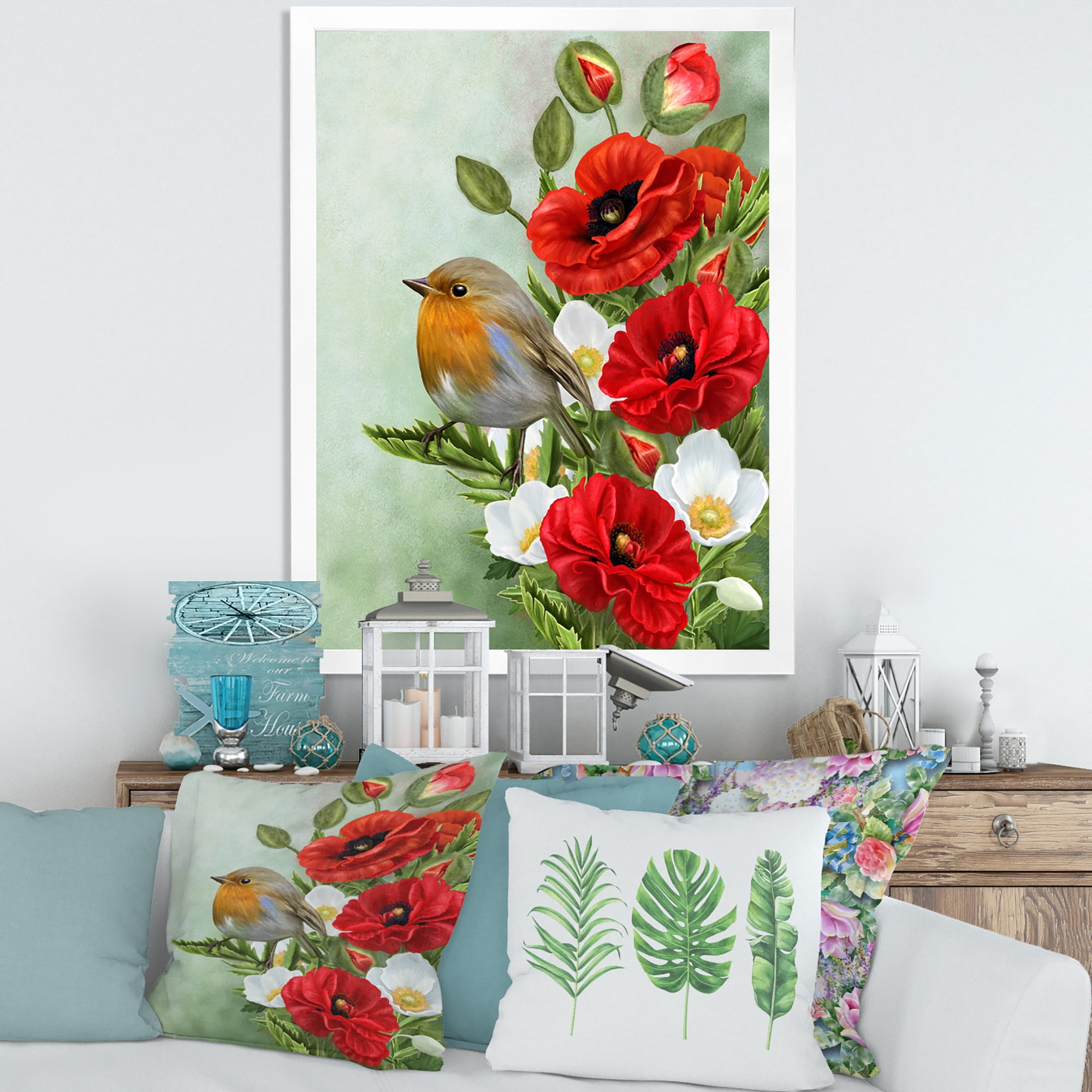 Designart 'Red Poppies and White Anemones With Yellow Bird' Traditional Framed Art Print