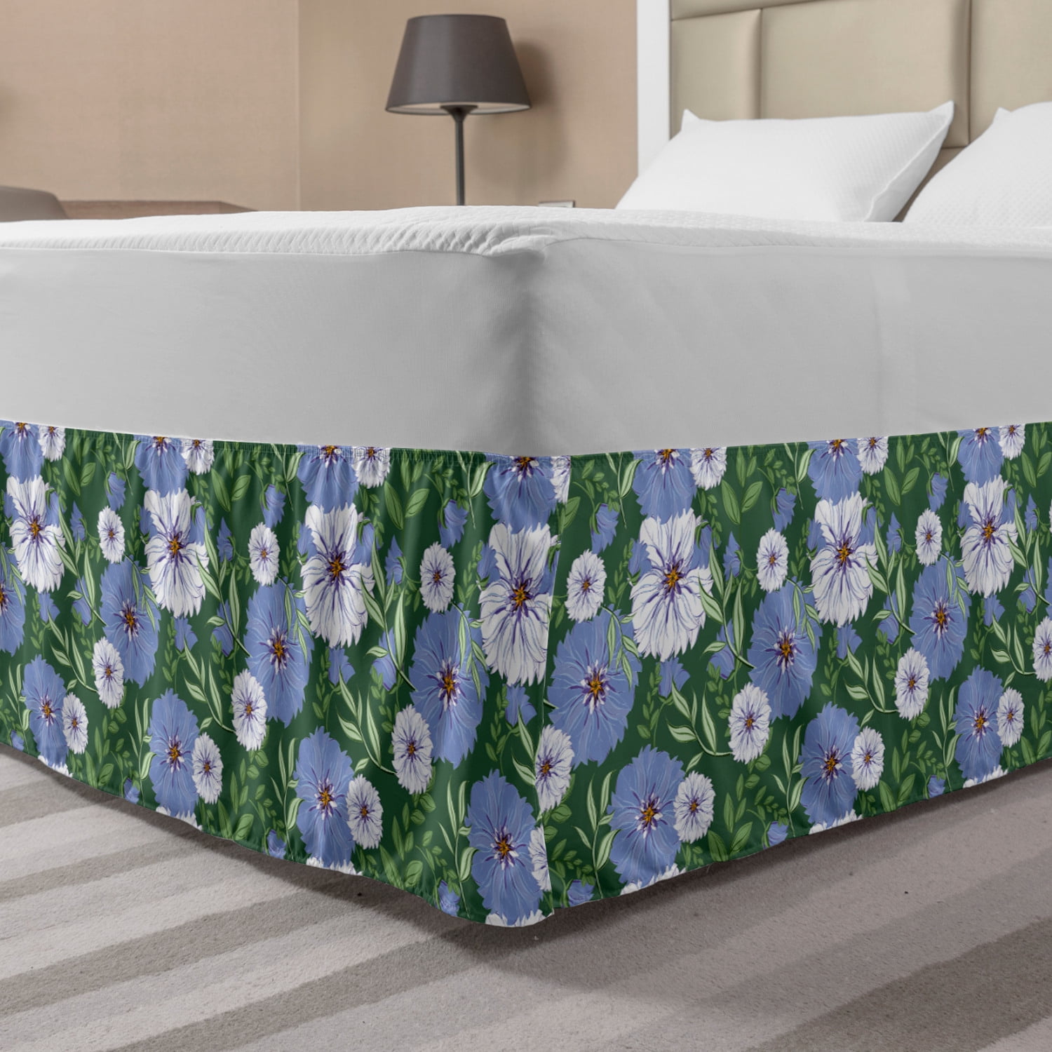 Floral Bed Skirt, Ceil Blue and White Colored Meadow Flowers Leaves in Spring Garden, Elastic