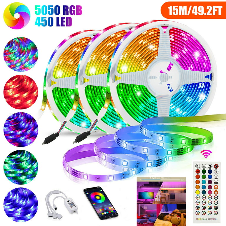 LED Strip Lights,49.2ft/15m Smart Led Lights SMD 5050 RGB Color Changing  Rope Lights with Bluetooth Controller Sync to Music Apply for