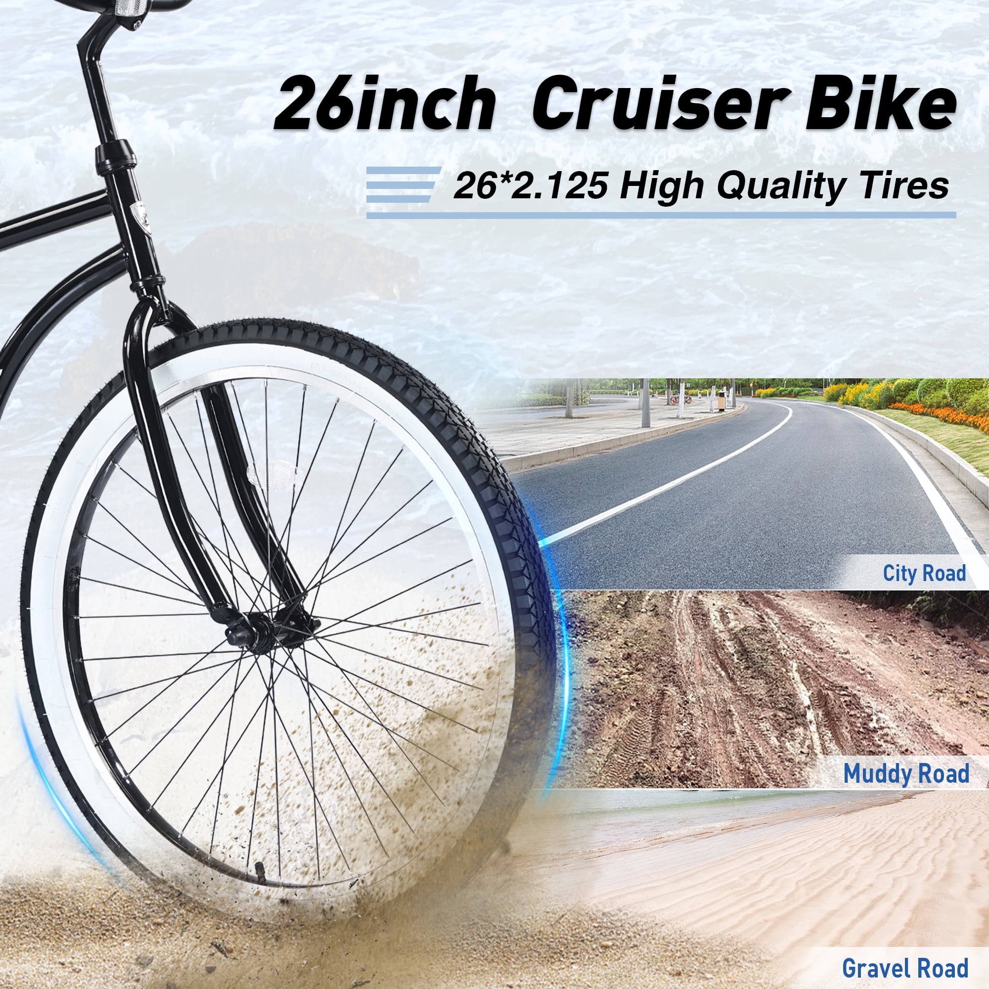 Aukfa 26" Cruiser Bike, Single Speed Bicycle Hybrid Bikes for Women Girls Ladies,Black