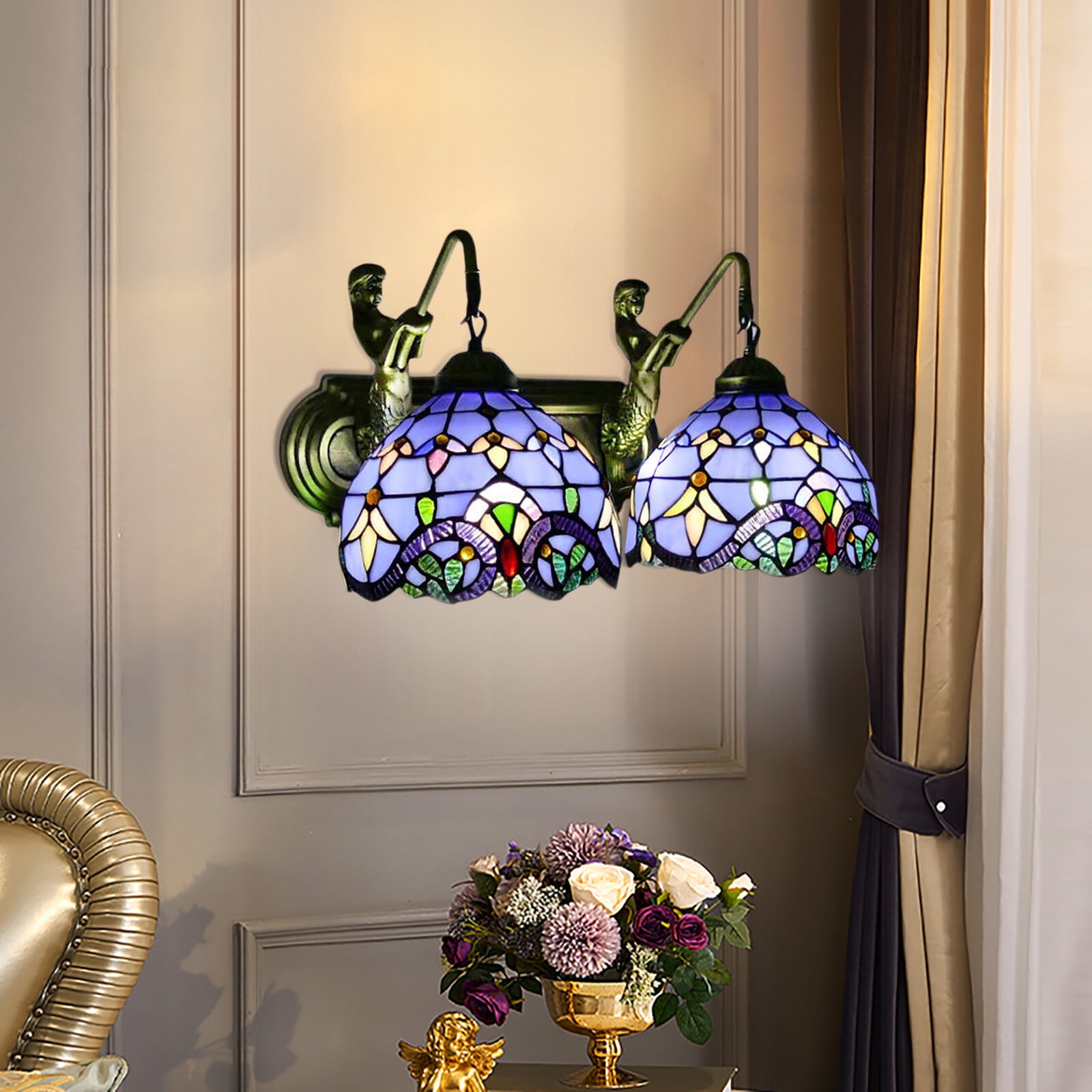Indoor Tiffany Bathroom Vanity 2-Light Retro Stained Glass Wall Lighting Fixture for Front Doors,Bedrooms