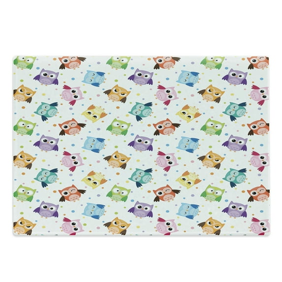 Cartoon Cutting Board, Dotted Background Colorful Owls Various Facial Expressions Angry Happy Confused, Decorative Tempered Glass Cutting and Serving Board, Large Size, Multicolor, by Ambesonne