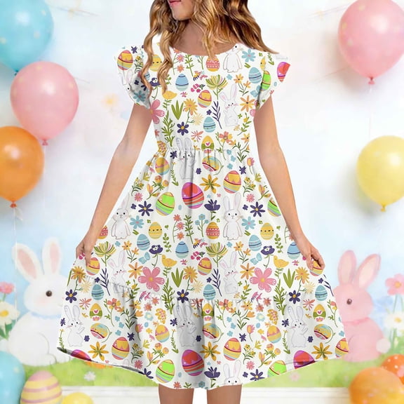 Xdegoge Kids Girls's Easter Bunny Carrot Dress Midi Tiered A Line Crewneck Ruffle Sleeve Tween Summer Sundress Flowy Flattering Lightweight Casual Holiday Theme Party Wear for Teen