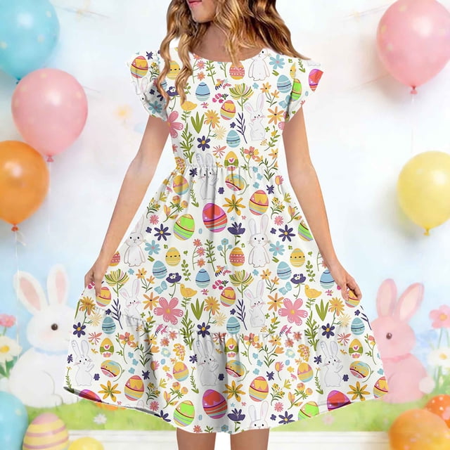 Robe d'Été pour Enfants à Manches Plissées à Double Couche Imprimée pour 5-14 Ans