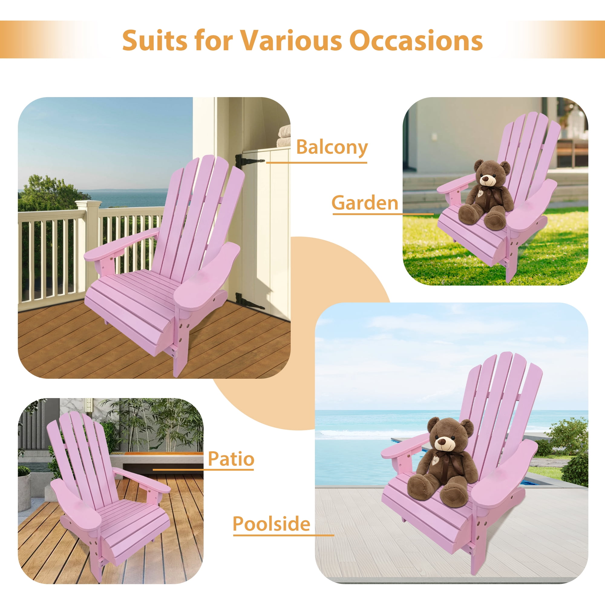 JONPONY Children Outsunny Wooden Adirondack Chair, Ergonomic Design Patio Lawn Chair for Outside Deck Garden Backyard Balcony,Pink