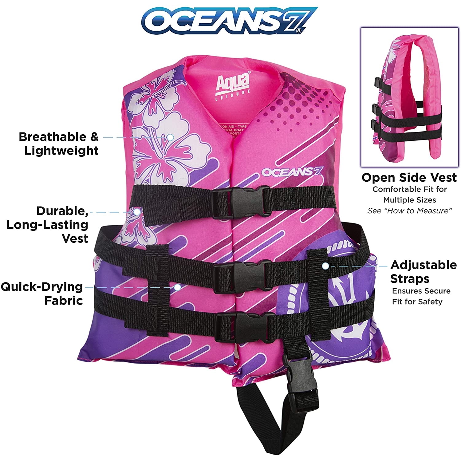 Oceans7 Child Open Side Life Vest, Durable, Easy Fit, 30-50 lbs, Pink/Purple