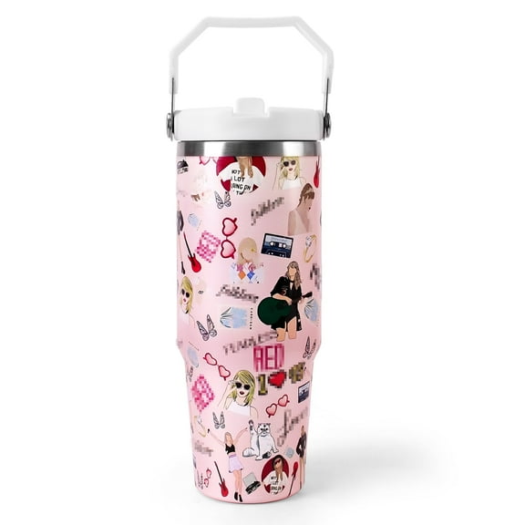 30oz Tumbler with Handle - Gift for Fans and Music Albums Lovers - Reusable, Leakproof Flip and Straw - Stainless Steel Vacuum Insulated Pink Travel Coffee Mug Cup - Fits Car Holder