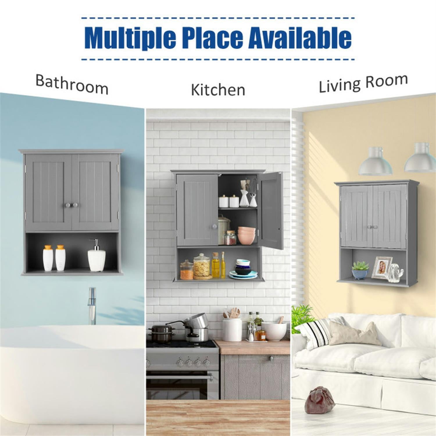 Demi Bonn Wall Mounted Bathroom Cabinet, Medicine Cabinet, 2-Door Wall Mount Bathroom Storage Cabinet with Open Shelf for Kitchen, Entryway, Bathroom, Gray