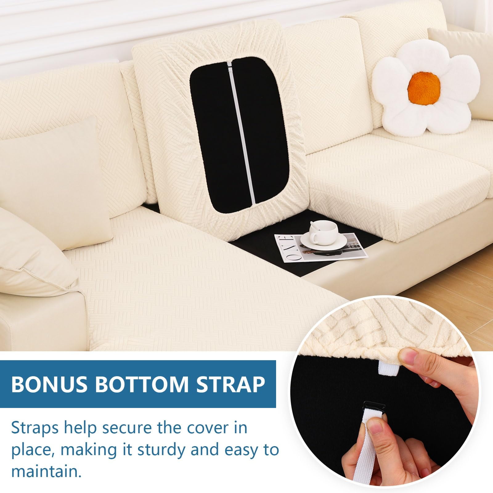 Smiry Waterproof Sofa Seat Cushion Covers, Stretch Couch Cushion Slipcovers, Fitted Jacquard Furniture Protector for Pets, Kid (3PC, Beige)