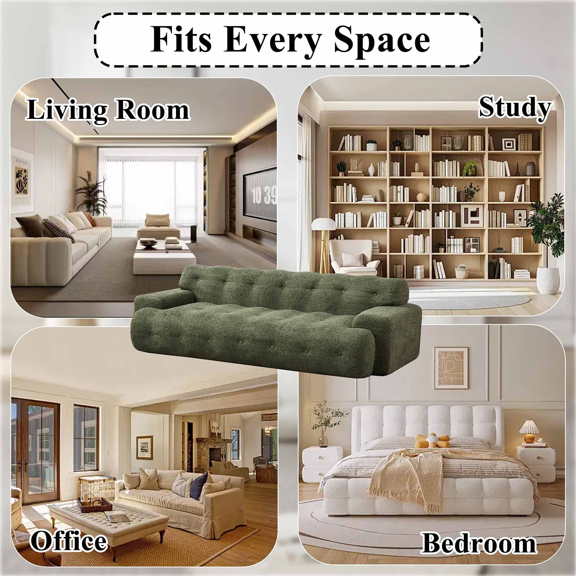 Lunale Boneless Cloud Sofa, No Assembly Required, Modern 3-Seater Chenille Couch for Living Room, Green