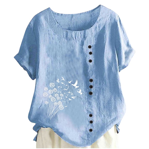 Summer Shirts for Women Round Neck Short Sleeve Casual Fashion Printed Button T-Shirts
