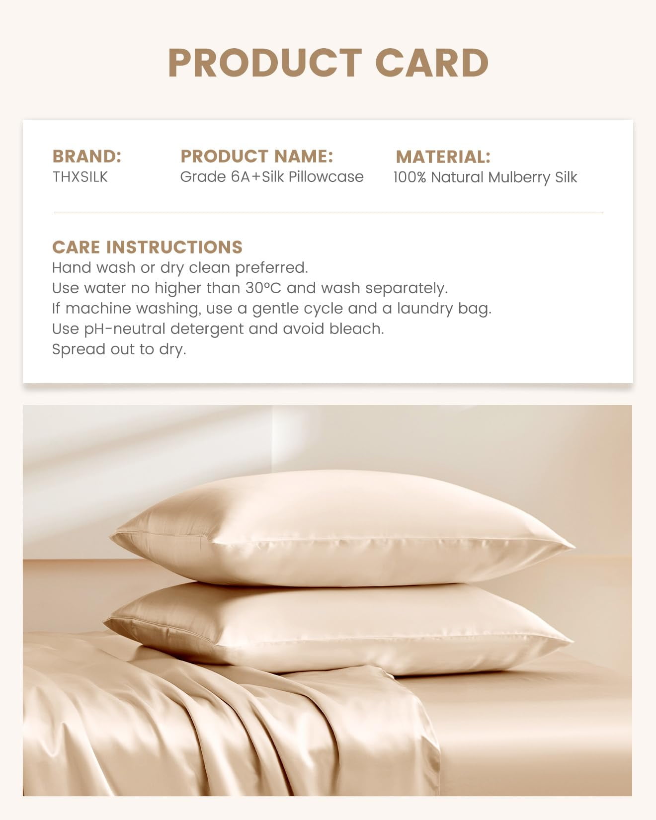 THXSILK 19 Momme Silk Pillowcase, Mulberry Silk Pillow Case with Hidden Zipper, Both Sided 100% Natural Mulberry Silk, King Size(20"x36"), Champagne