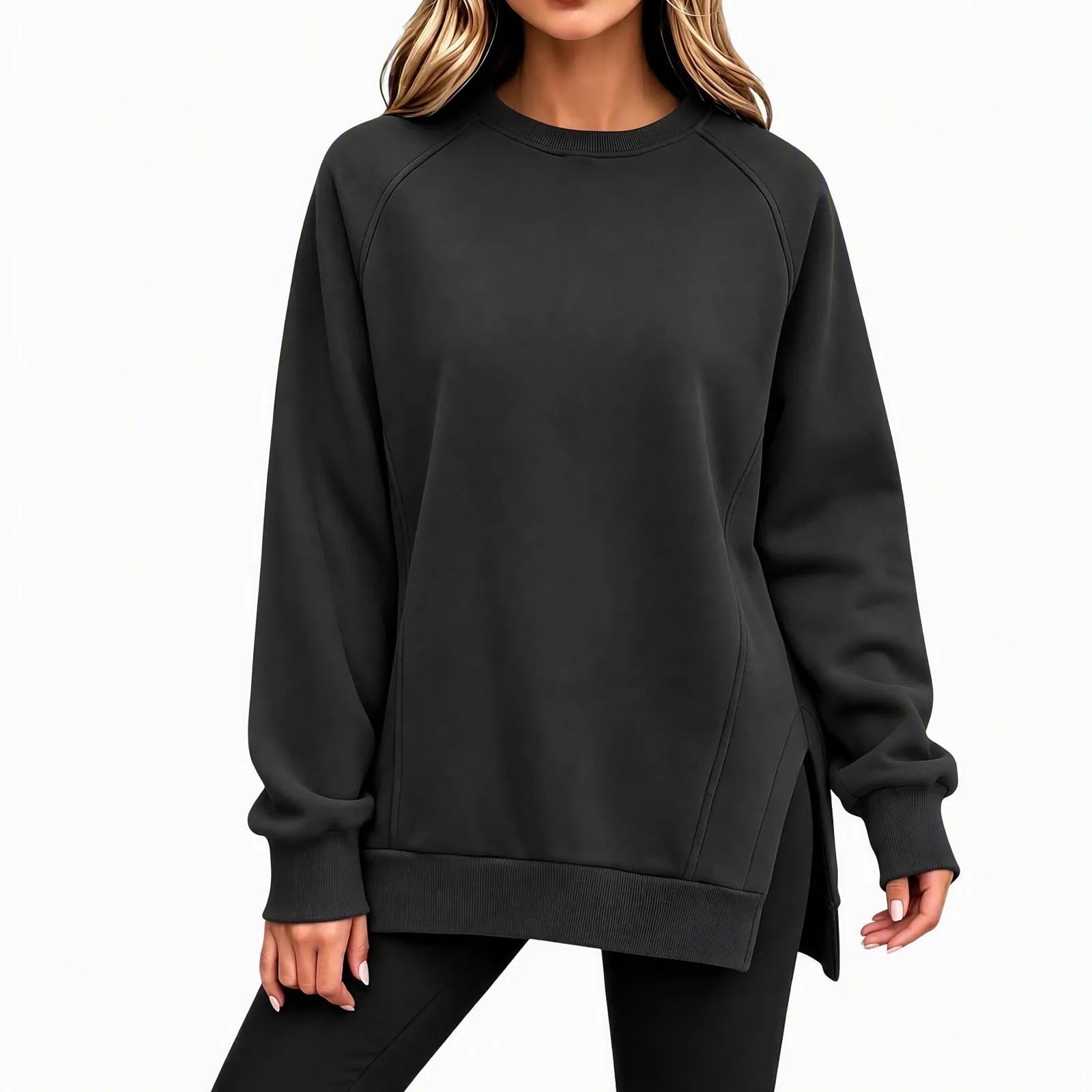 Women Oversized Sweatshirt Long Sleeve Crew Neck Pullover Tops with Side Split Hem Ribbed Cuffs for Daily Casual Layering Black XXL