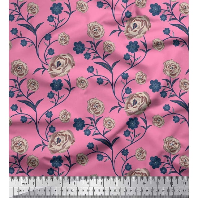 Soimoi Tissu en Poly Georgette Feuilles & Roses Imprimés Floraux au Mètre 42 Pouces de Large
