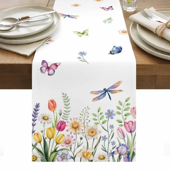 Wildflowers Table Runner - 70 Inch Long, Kitchen Dining Table Runner Dresser Scarves, Spring Country Tulip Butterfly Floral Leaf Farmhouse Decor for Coffee Tables Wedding Party Banquet
