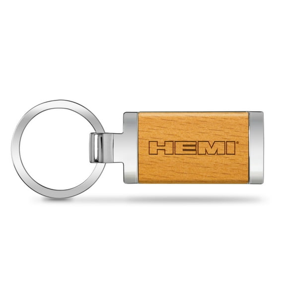HEMI Logo Laser Engraved Maple Wood Chrome Metal Trim Key Chain