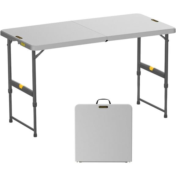FanttikOutdoor 4ft Portable Folding Table, One-Handed Height Adjustment, 4 Heights, Gravity Lock, Carry Handle, Indoor Outdoor Heavy Duty Fold-in-Half Utility Table, Party, 1 Pack, Grey Zeta X4 Pro