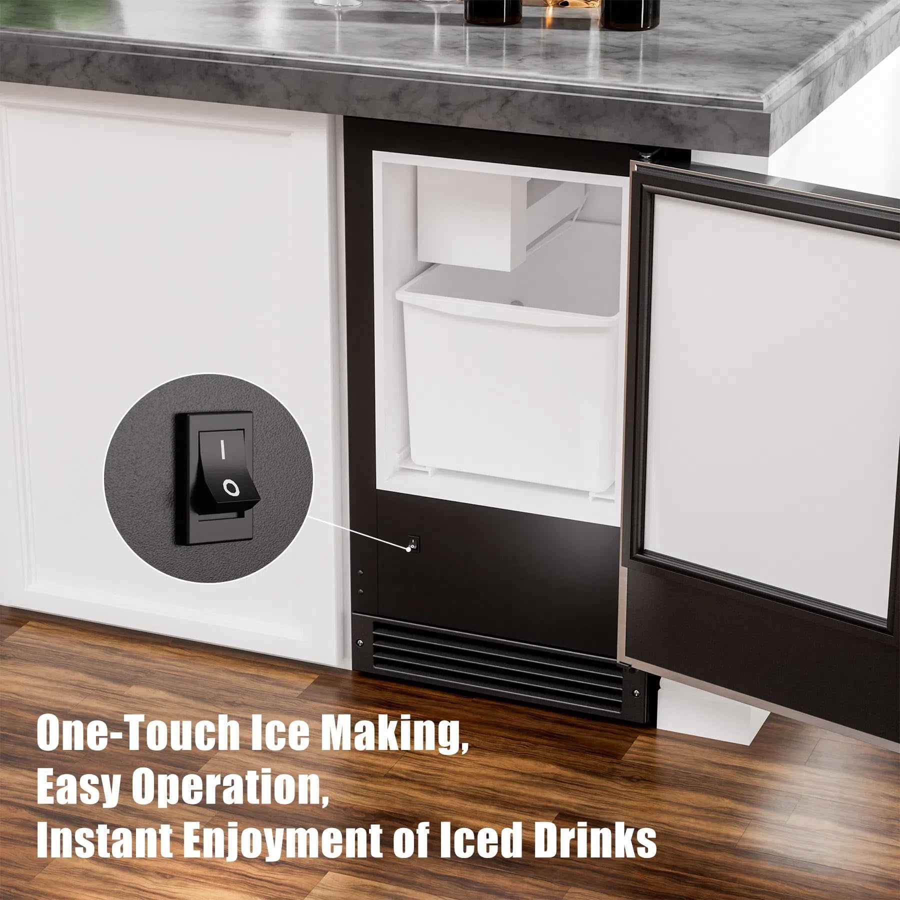 RIOXC Drainless Ice Maker 15" W with 22LBS Storage Bin, Free-Standing Under Counter Ice Maker Cabinet Ready, Crescent Ice for Home, No Drain Required, ETL Approved