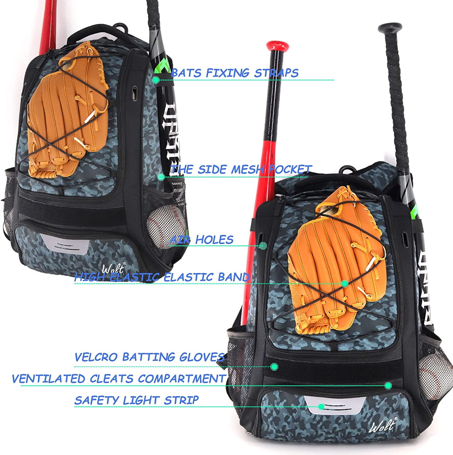 WOLT | Youth Baseball Bag--29L Backpack for Yout Boys Equipment Fence Hook Oxford Fabric New Camogrey