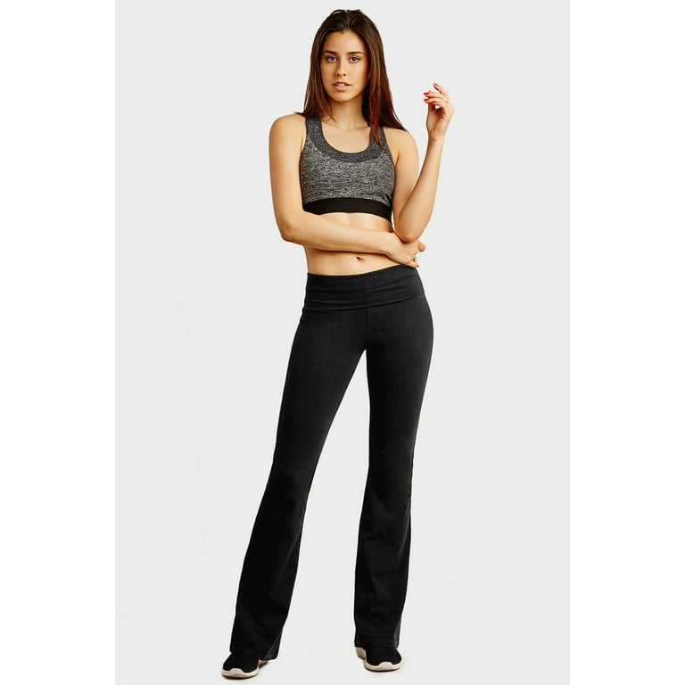 Gilbins Womens Fold Over Yoga Pants Waistband Stretchy Cotton Blend with A  Wide Flare Leg Yoga Workout Pants Black
