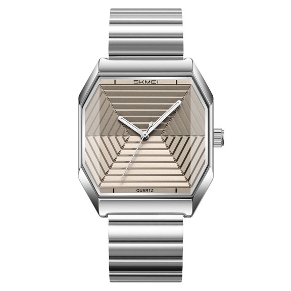 Faceted Quartz Watch with Stainless Steel Strap, Geometric Square Dial Pointer Wristwatch for Men Women, Versatile Casual Dress Watch for Daily Business Party Wear, 30M Water Resistant
