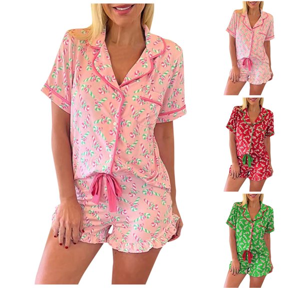 Christmas Pajamas for Women Short Sleeve Button Down Collared Cozy Nightwear Sleepwear Outfit Shorts Cane Print Casual Fall Winter Soft Comfy Womens Loungewear RD2 L