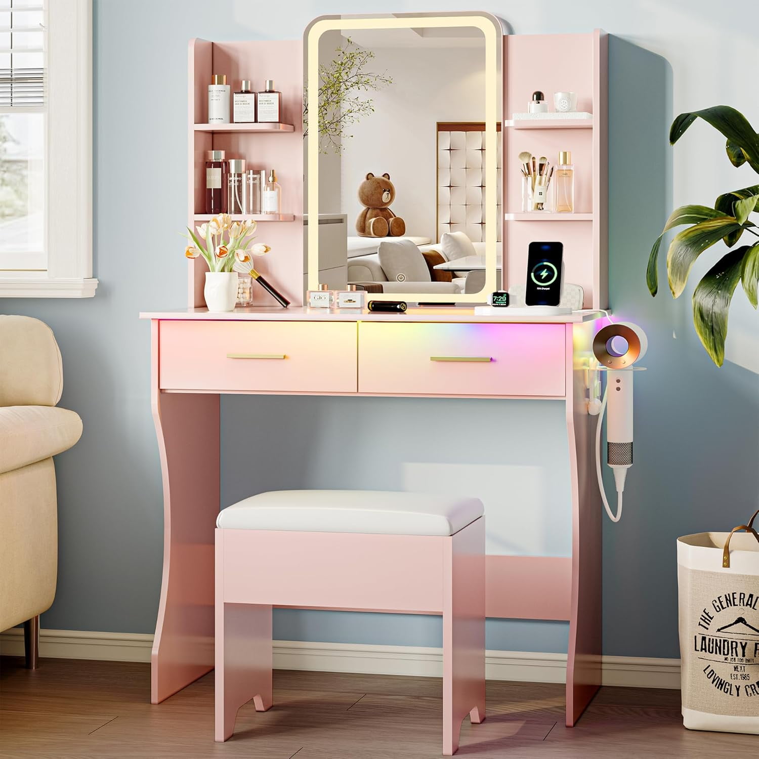 FANRAL Vanity Set with Mirror and Lights,31.5" Small Vanity Bedroom Vanity Desk,Makeup Vanity with Chair & Drawers & Power Outlet,Pink Vanity