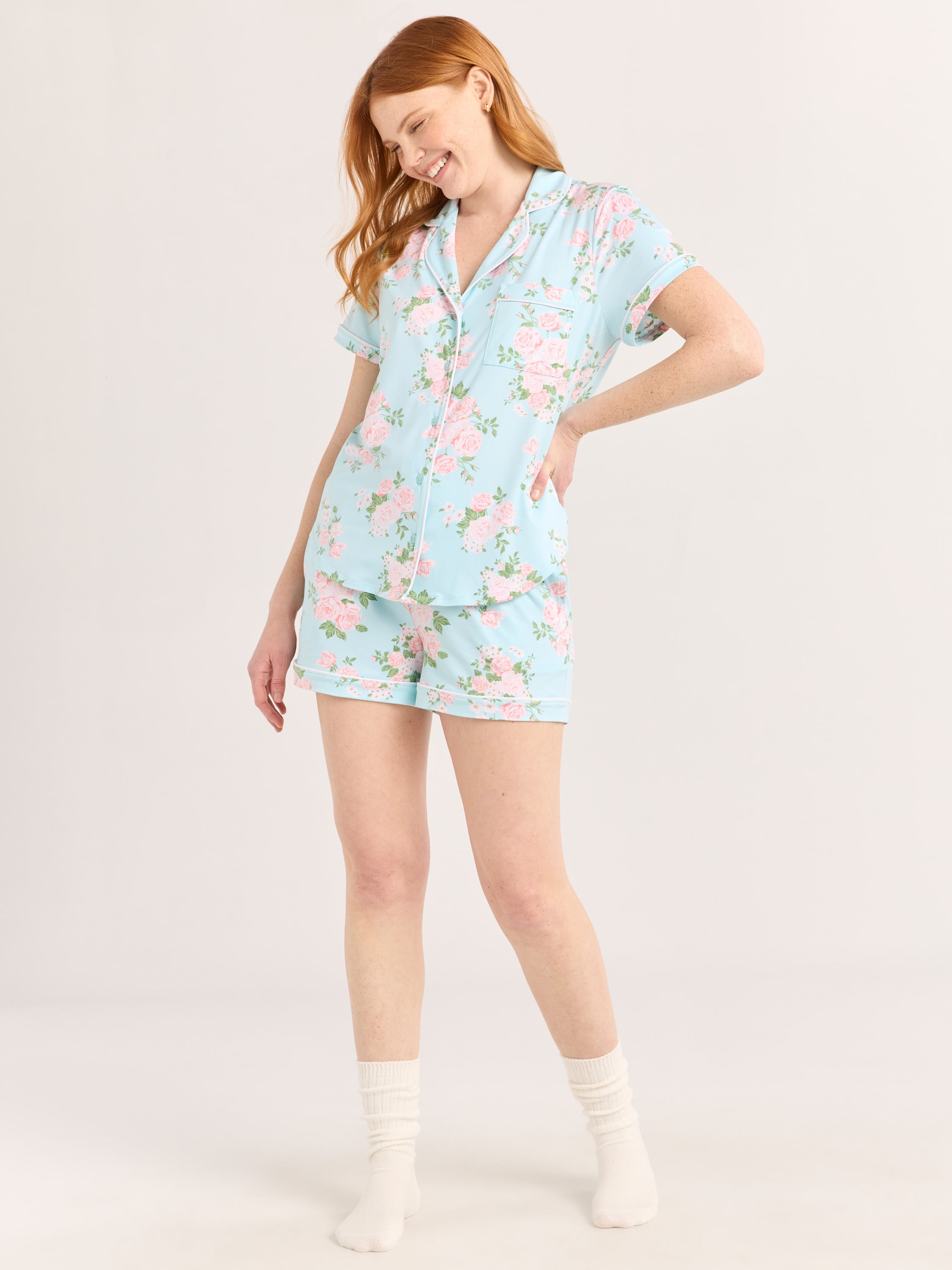 Joyspun Women's Dreamy Soft Collection Notch Collar Top and Shorts Pajama Set, 2-Piece, Sizes XS-3X