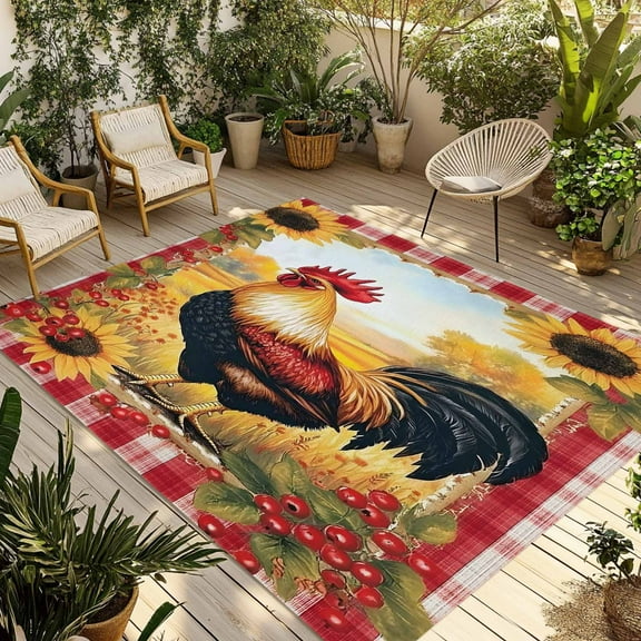 Fsddascl Retro Rooster Outdoor Rug for Patio/Deck/Porch, Non-Slip Large Area Rug 4 x 6 Ft, Yellow Sunflower Red Plaid Farmhouse Indoor Outdoor Rugs Washable Area Rugs, Reversible Camping Rug Carpet