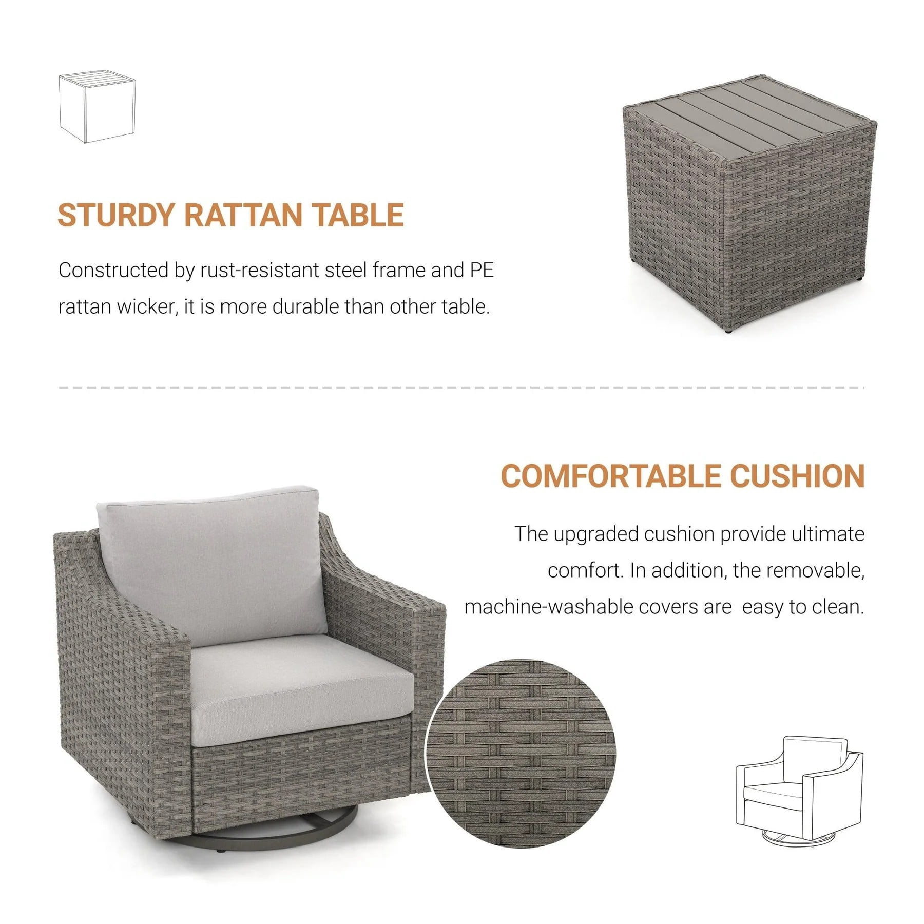 3 Piece Patio Bistro Set with 360 Swivel Patio Chairs, Outdoor Wicker Patio Furniture Set with Cushions and Side Table for Balcony Porch Backyard, Grey/Beige