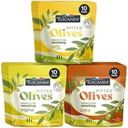 Tuscanini Italian Pitted Olive Snack Packs|Variety Pack|1 oz (30 Pack)|Orignal, Garlic & Spicy Flavors|Convenient Olive Pouches for Snacking|Salad Topper|Gluten Free, Vegan, Keto Friendly