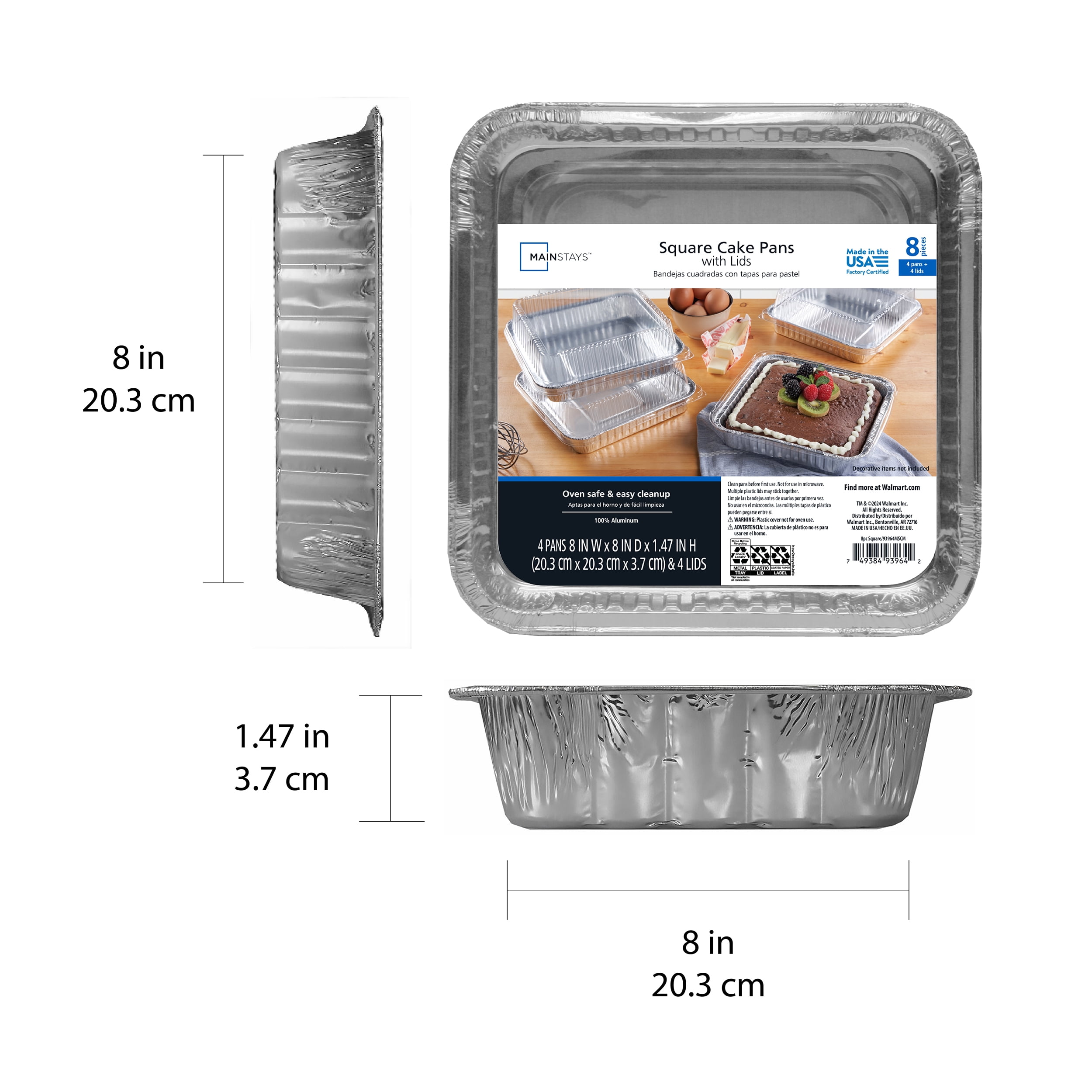 (3 pack) Mainstays 8" Aluminum Square Cake Pans with Lids, 4 Count