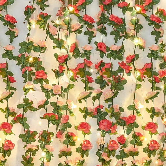 Flower Garland Rose Vines, Strands 99Ft Flowers Vines for Bedroom with 99 Ft/3LED String Lights, Rose Flower Garland Decoration, Rose Floral Garland for Room Table Wedding Decor