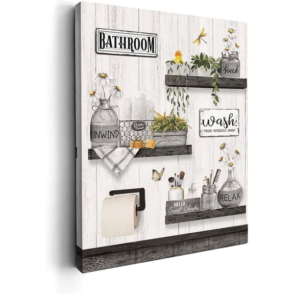 Farmhouse Bathroom Decor Wall Art Rustic Flower and Butterfly Bathroom Poster Mason Jar Floral Picture Canvas Print Décor for Bathroom Bedroom Framed Artwork 12x16 inch