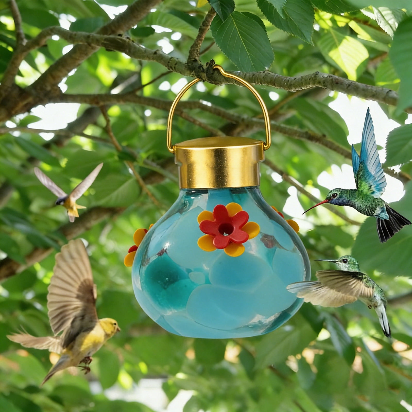 HengDidi Solar Hummingbird Feeder with LED Light, Glass Outdoor Bird Water Dispenser, Multicolor Design for Nighttime Use, Hanging Patio Garden Decoration to Attract Hummingbirds