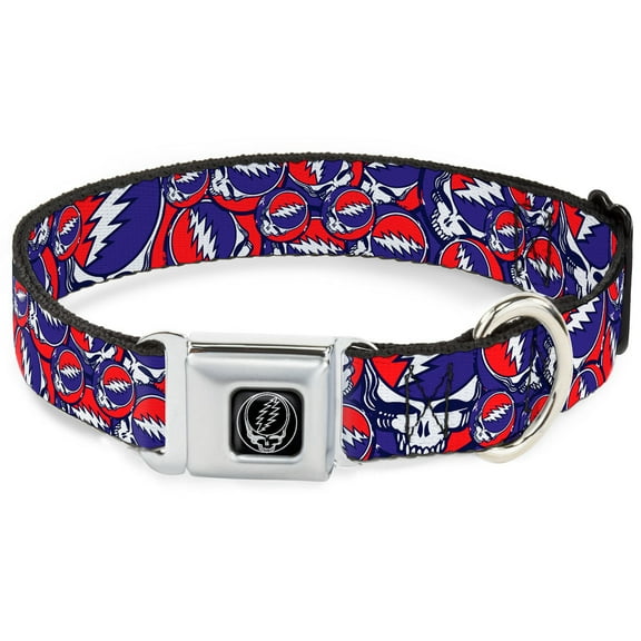 Grateful Dead Pet Collar, Dog Collar Metal Seatbelt Buckle, Steal Your Face Stacked Red White Blue, 15 to 24 Inches 1.0 Inch Wide