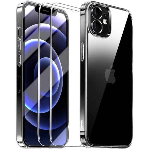 for iPhone 12 Case，with 2 Screen Protector，Full Camera Protection [Non-Yellowing] Slim Shockproof Bumper Cover，Anti-Scratch Clear Back iPhone 12 Phone Protective case (Clear)…