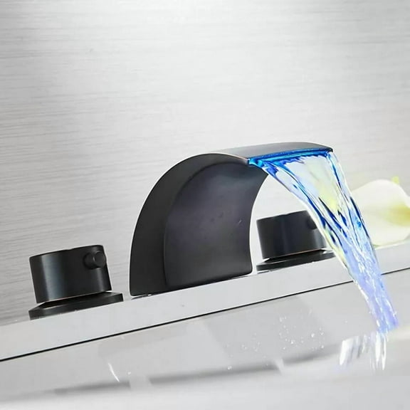 8Inch Widespread LED Black Waterfall Bathroom Basin Faucet Sink Vanity Mixer Tap