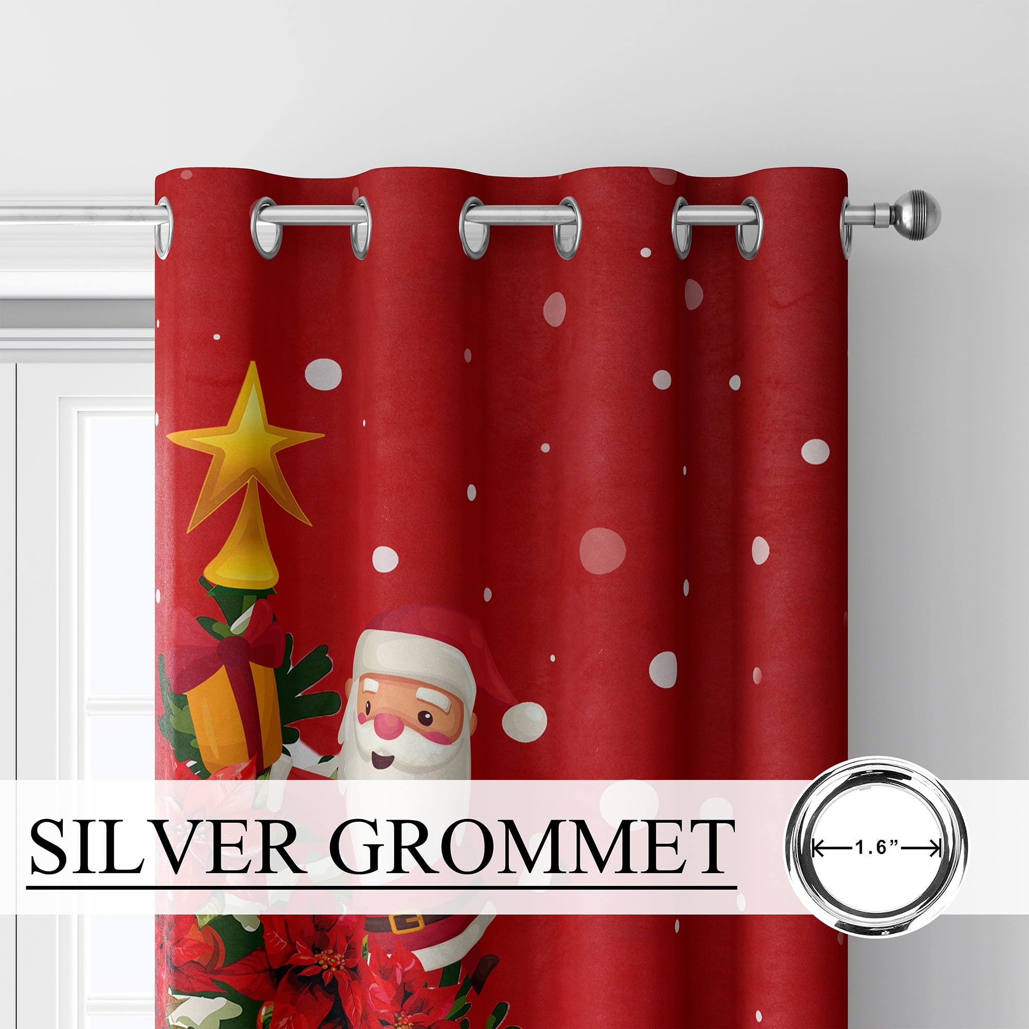 Christmas Santa Claus Black Out Window Curtains, Xmas Tree Gift Winter Snowflake Decor for Bedroom, Living Room, Grommet Window Drapes 2 Panel Set, 52"x84"