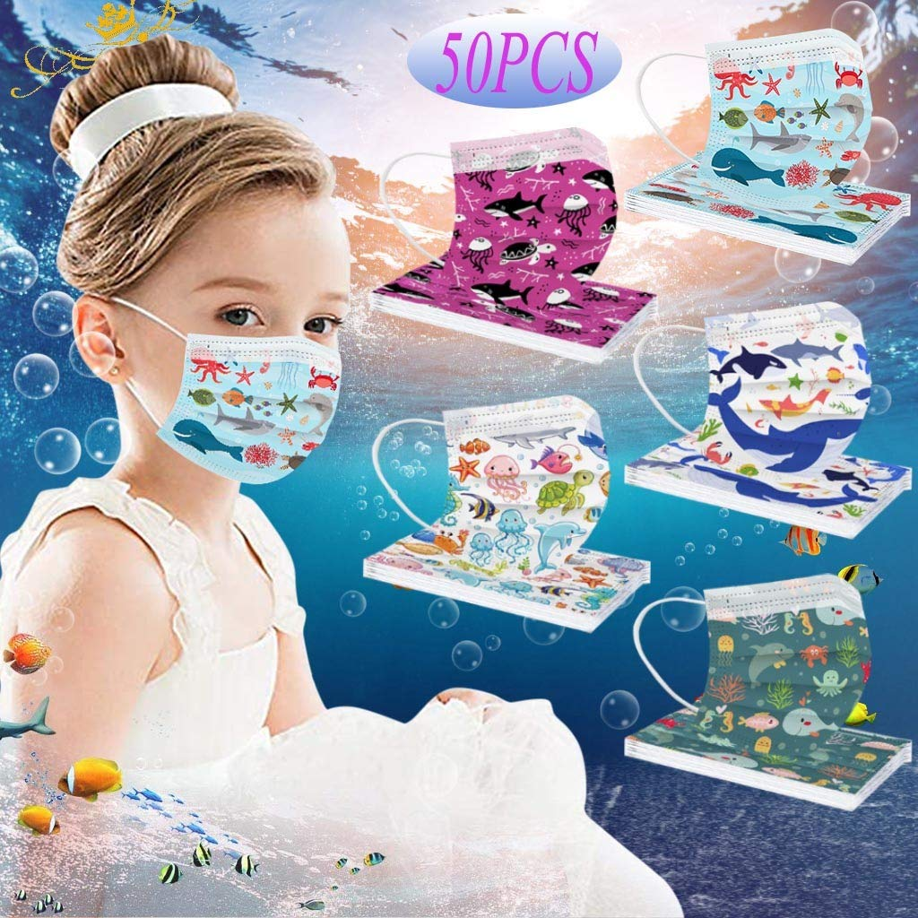 MuiSci 50PCS Mix Disposable Kids Ocean Picture Face Masks Breathable