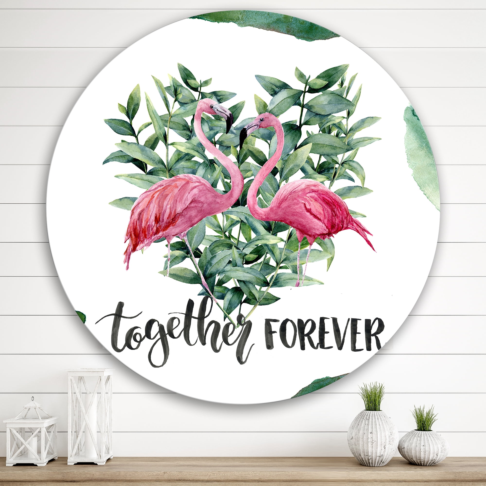 Designart 'Eucalyptus Leaves With Flamingo Floral Heart' Traditional Circle Metal Wall Art 36x36 - Disc of 36