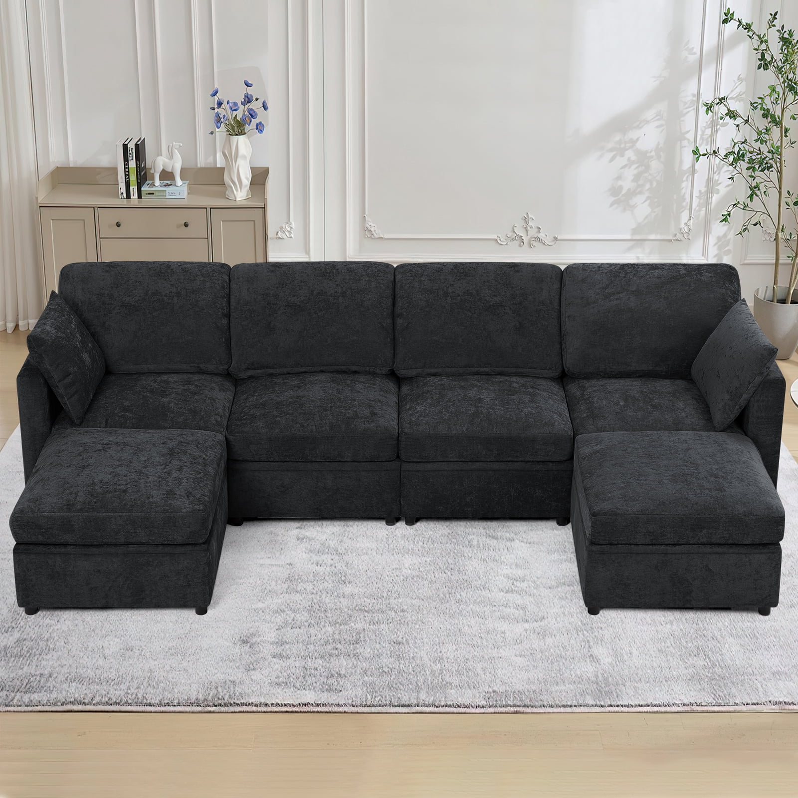 ACMEASE 110” Chenille 4 Seats Sofa W/2 Movable Ottoman, Modern Fabric U-Shaped Couch with Soft Backrest, Upholstered Sectional Sofa with Armrest Pillows for Living Room, Office, Black