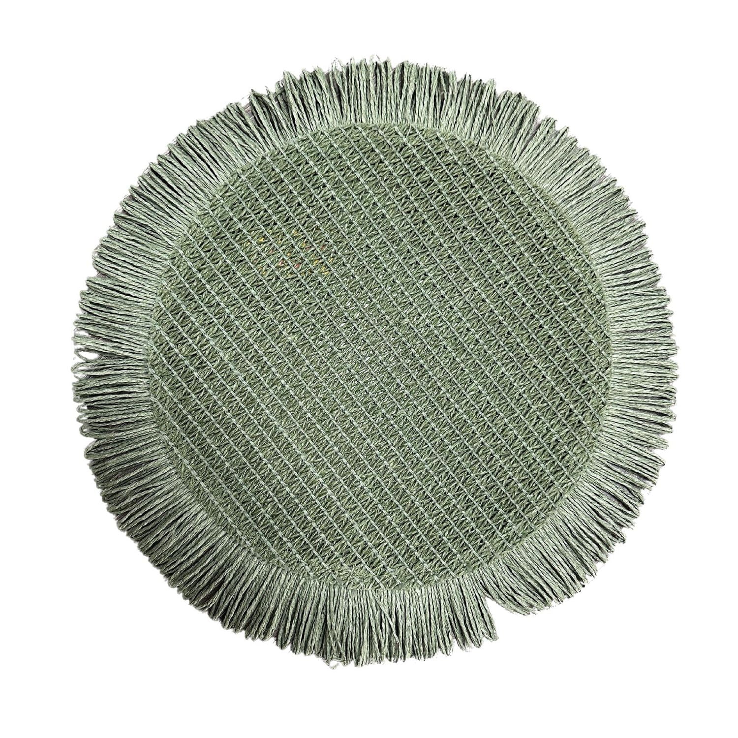 Woven Round Placemat With Fringes Green 15 X 15 - Set of 12