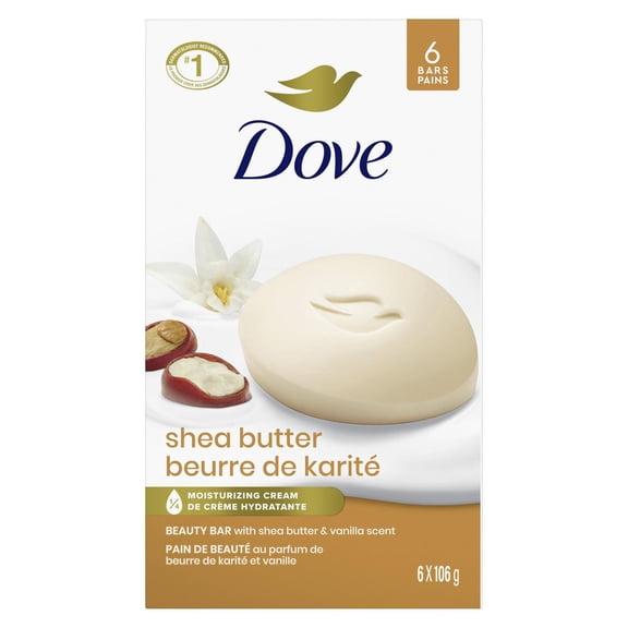 Dove Beauty Bar Soap for Nourished, Radiant Skin, Shea Butter, Enriches Skin (6 Bars)