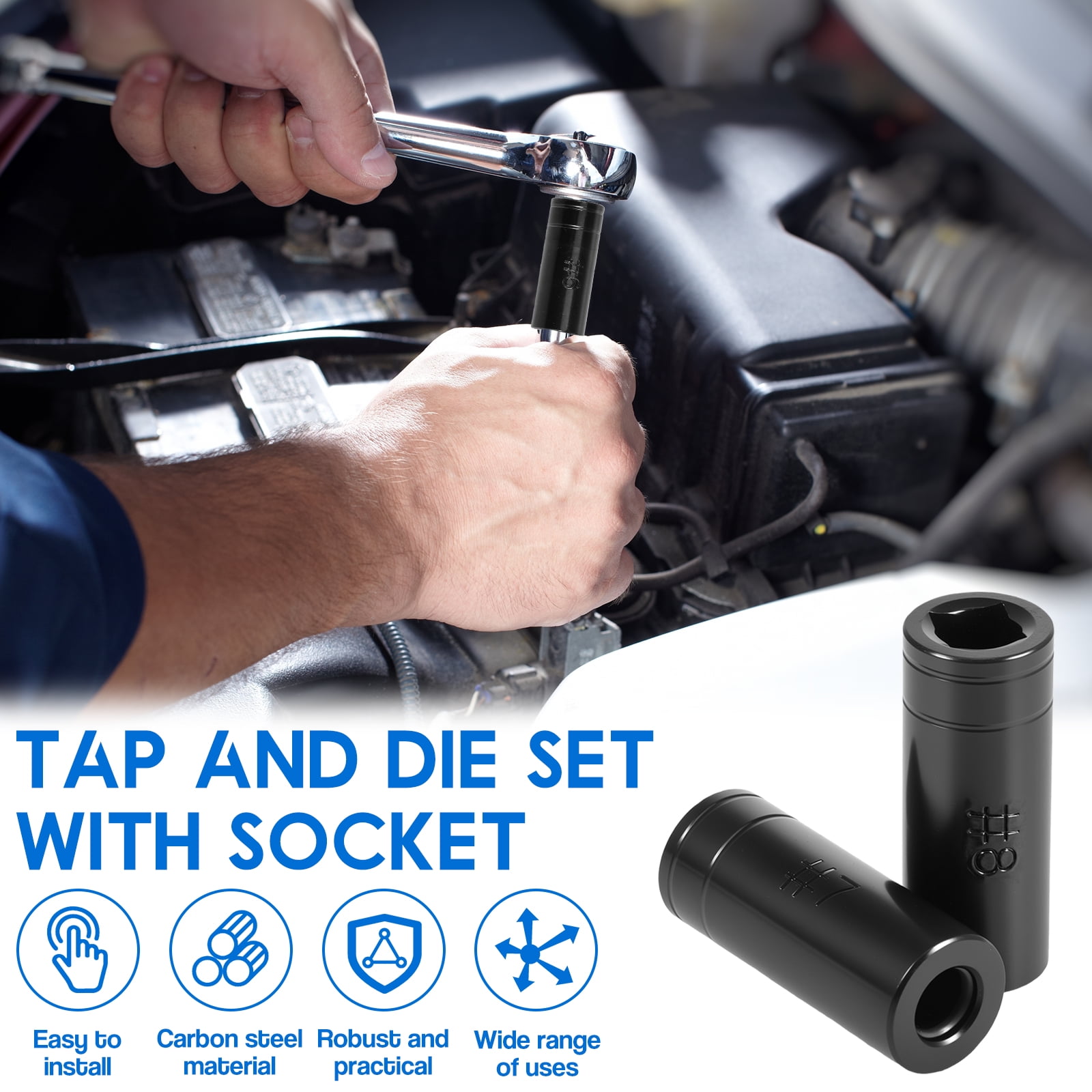 TMWEFUSC 8 Pcs Tap Socket Set 1/4" & 3/8" Drive Size Labeled Adapter for Ratchet Wrench T Handle Extension Bar