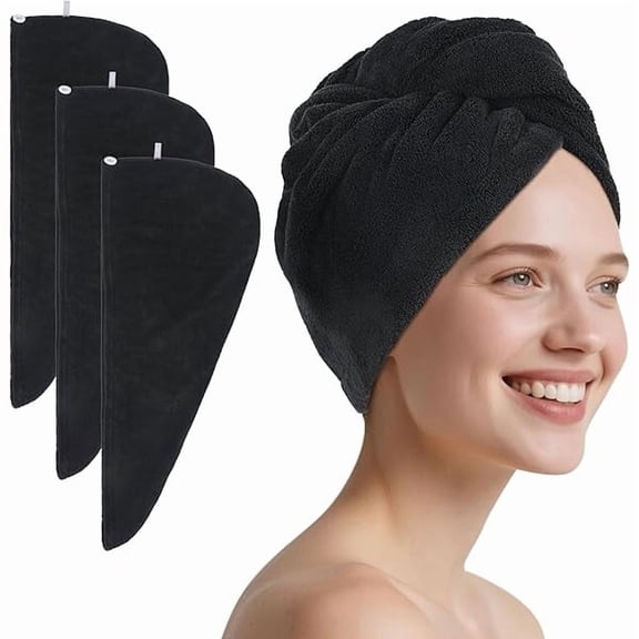 Eryueer Microfiber Hair Drying Cap Hair Towel Turban Twist for Women Fast Drying Towels Head Turban Absorbent Soft Lightweight Black 3 Pack