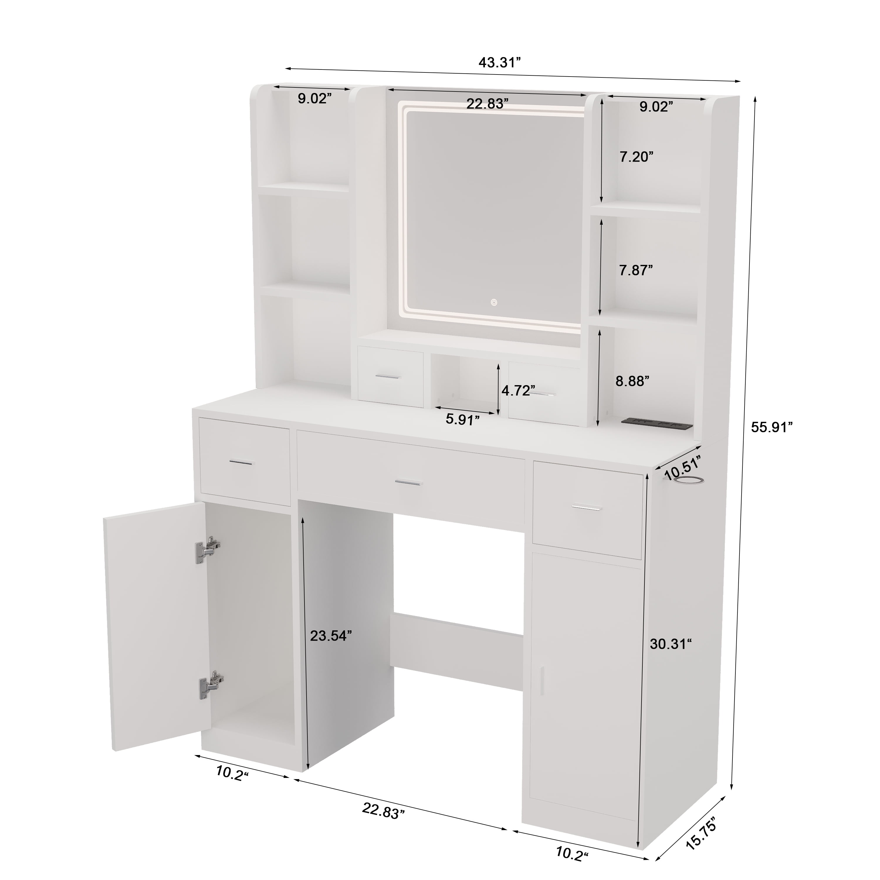 Mirror Dressing Table with Drawers Storage Cabinet, Dressing Table with Dressing Pad for Bedroom, Dressing Room White