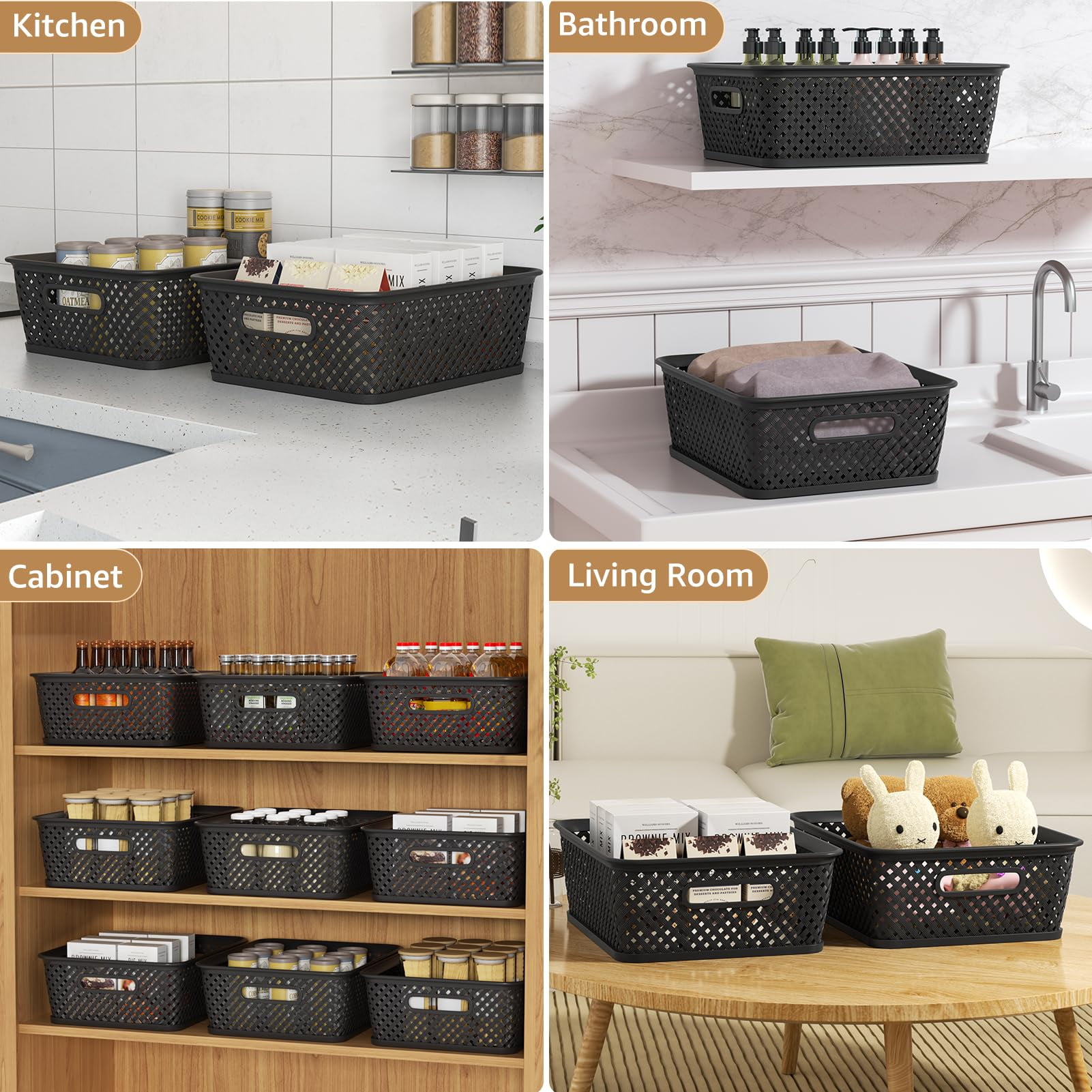 MaxGear 3 Pack Large Storage Bins with Handles, Black Woven Plastic Organizer Baskets for Home & Office Organization, 13.8x11.5x5.2 Inch