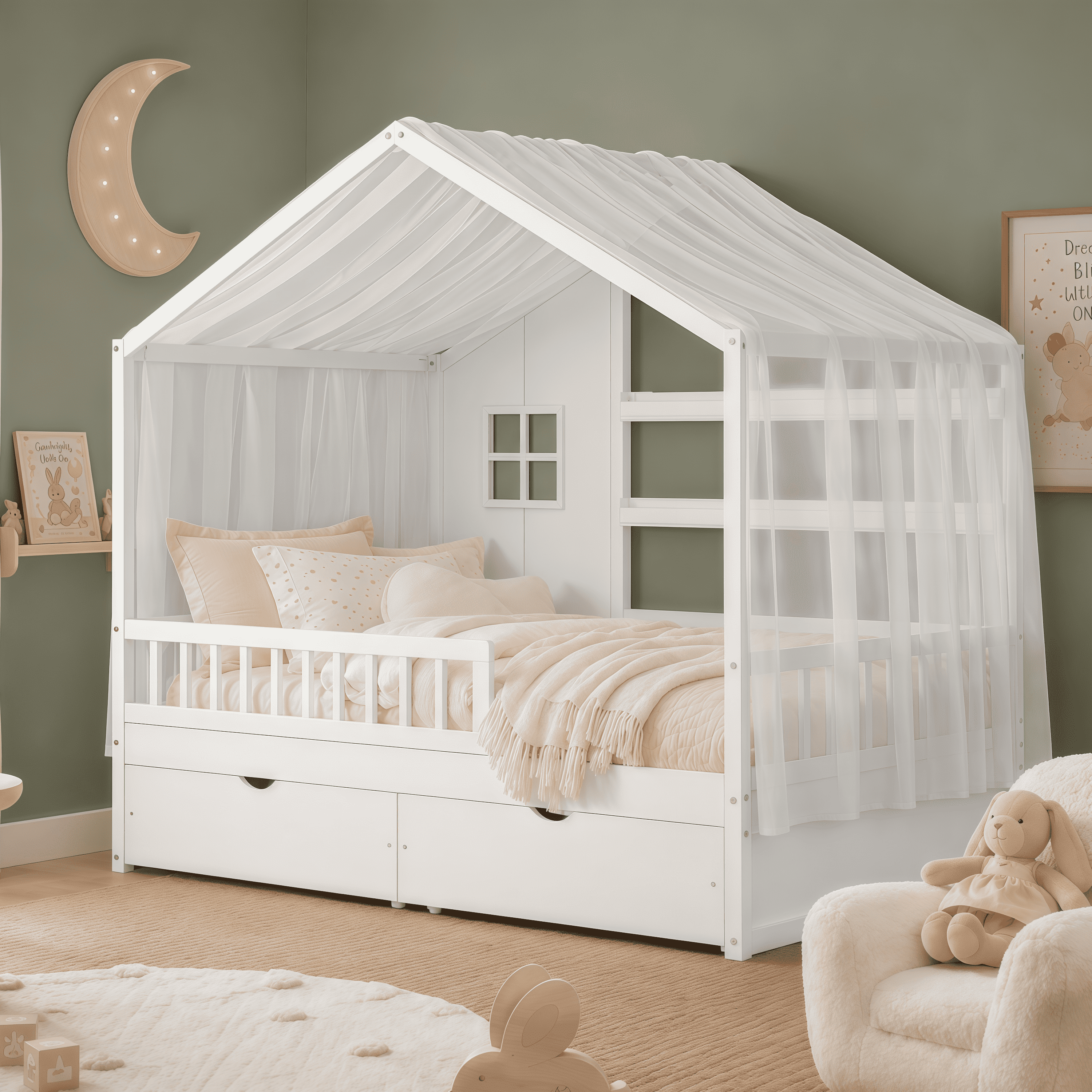 Euroco Wood Full Size House Bed with Roof and Curtains, Montessori Floor Bed with Drawers and Safety Guardrails,No Box Spring Needed, White