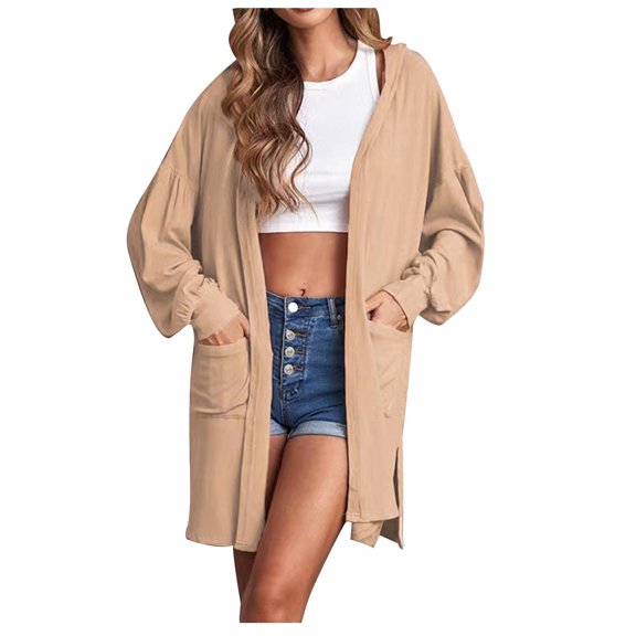 LYXSSBYX Solid Color Coat Long Sleeve Hot Sale Clearance Women Tops Long Pocket Hood Solid Color Lantern Sleeve Long Sleeve Cardigan